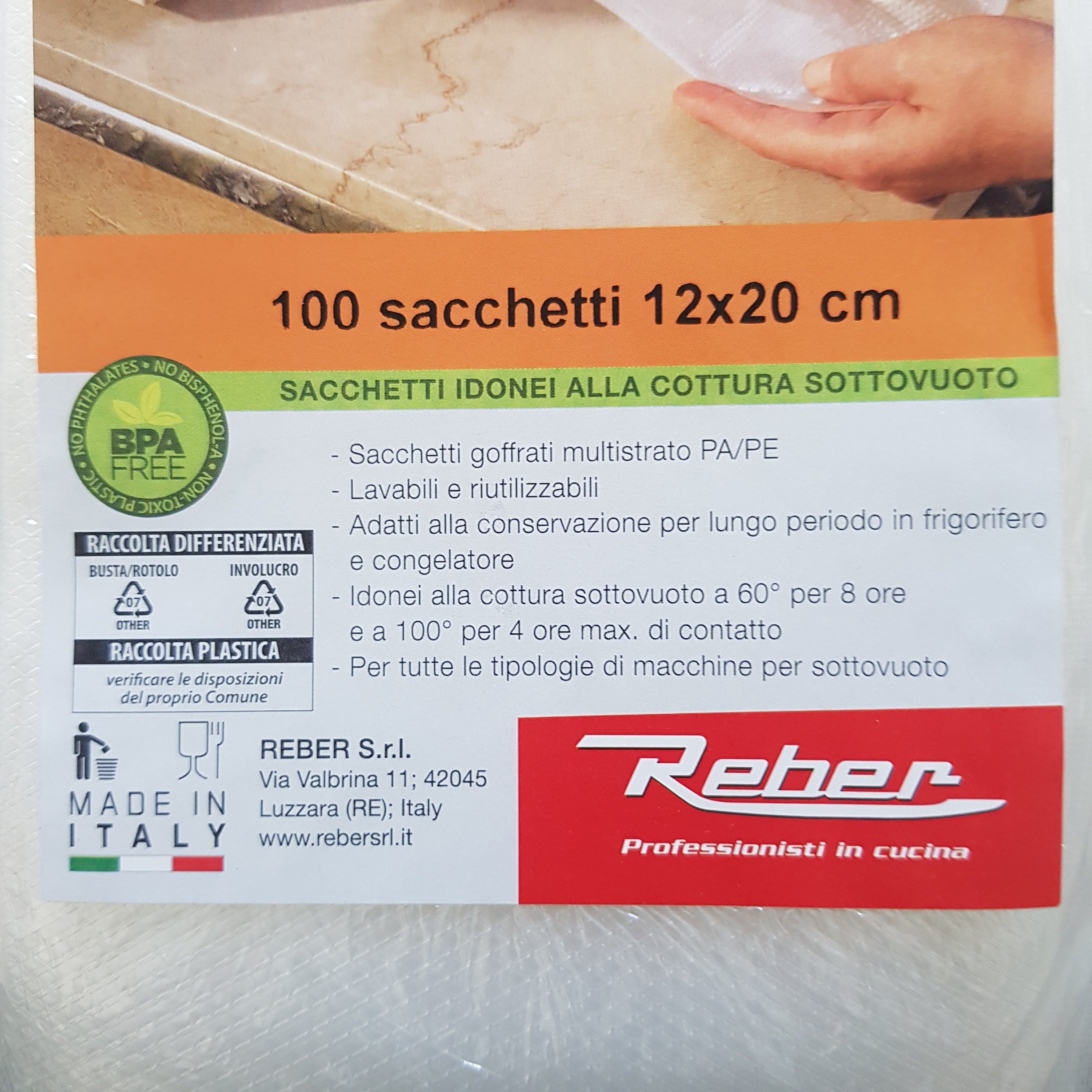 Buste sacchetti sottovuoto goffrati 12x20 busta 100pz 3 strati Reber REBER